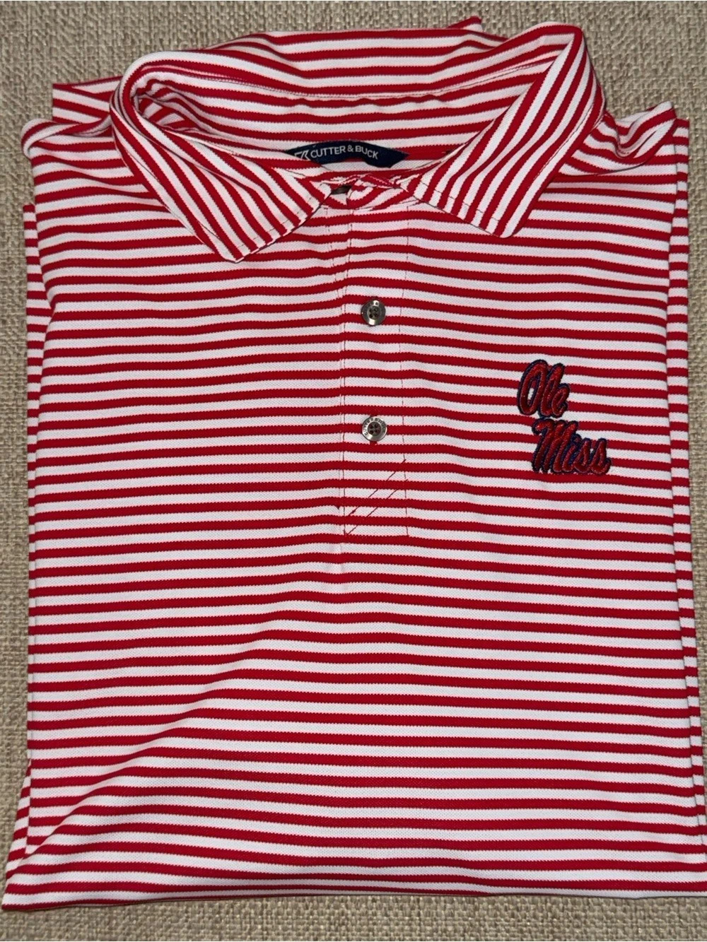 Cutter & Buck Ole Miss Rebels Forge Eco Double Stripe Stretch Polo Red & White